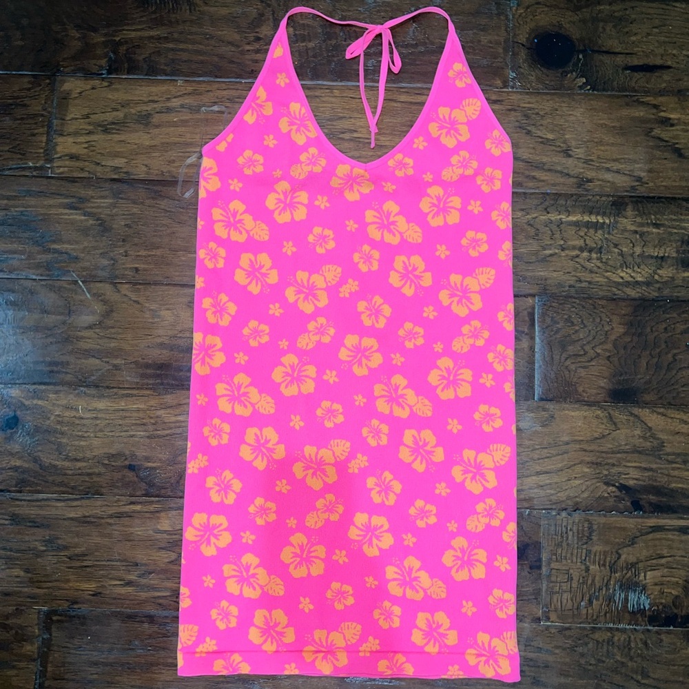 Pink and orange Hawaiian print halter dress